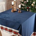 Blue velvet table cloth with tartan trim