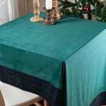 Green velvet tablecloth with tartan trim