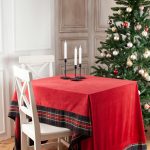 Red velvet tablecloth with tartan trim